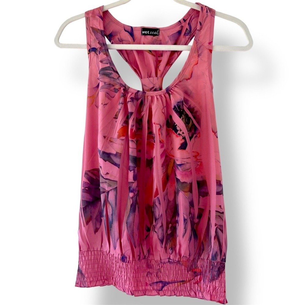 Vintage Wet Seal Pink Floral Halter Keyhole Blouse Boho Y2K Romantic Top Sz M
